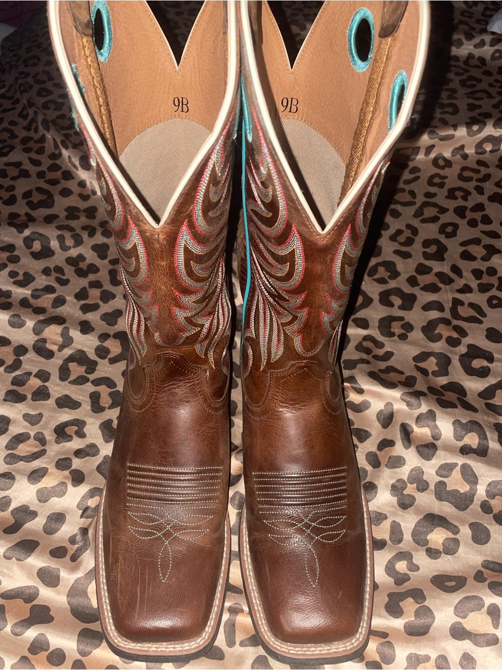 Ariat Brown Leather Western Boots with Turquoise and Red Stitching